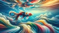 Surreal Goldfish Swimming in Colorful Abstract Waves, AI Generated