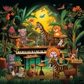 Vibrant and Surreal Jungle Scene with Animals Playing Jazz Instruments