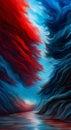 Vibrant, surreal painting depicting a river flowing through a field,with swirling red and blue clouds, and a bright sun,