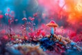 Vibrant, surreal scene with a radiant mushroom amidst a fantastical forest underbrush, bathed in an ethereal light. Generative Ai