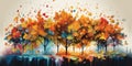 A vibrant, surreal scene of trees with multicolored autumn leaves made of floating paintbrushes, symbolizing the