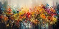 A vibrant, surreal scene of trees with multicolored autumn leaves made of floating paintbrushes, symbolizing the