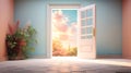 Vibrant surreal worldin Peach color, an open door reveals bright fantasy world in Soft Peach Hue. Color of the Year 2024