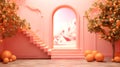 Vibrant surreal worldin Peach Fuzz color, an open door reveals bright fantasy world in Soft Peach Hue. Color of the Year