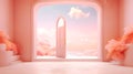 Vibrant surreal worldin Peach Fuzz color, an open door reveals bright fantasy world in Soft Peach Hue. Color of the Year