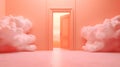 Vibrant surreal worldin Peach Fuzz color, an open door reveals bright fantasy world in Soft Peach Hue. Color of the Year