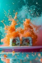 Vibrant Sushi Roll Eruption with Dynamic Orange Splash on a Teal Background Modern Culinary Art Concept