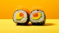 Vibrant Sushi Rolls On Yellow Background: A Hyper Realistic Photography Masterpiece