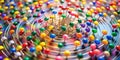 A vibrant swirl of colorful pins arranged in a circular pattern, creating a dynamic and abstract visual display. Generative AI Royalty Free Stock Photo
