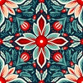 A vibrant symphony of vintage bold Christmas floral motifs seamless pattern, fabric canvas, red blue wrapping