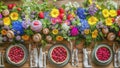 Vibrant tableau of seasonal flowers and bowls of ripe berries