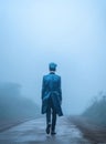 fantasy urban young man walking down a foggy spooky alley. back lit by smoke and pollution. Royalty Free Stock Photo