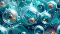 Vibrant teal bubbles with orange centers floating in liquid Royalty Free Stock Photo