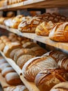 A vibrant and tempting display of an array of freshly baked breads, including loaves, rolls, and pastries, showcasing