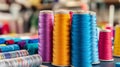 A vibrant textile workshop showcases colorful threads and fabrics, inspiring creativity in crafting and sewing projects Royalty Free Stock Photo