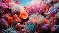 vibrant texture of a coral reef, with intricate formations, colorful coral polyps, and a variety of marine life by AI generated