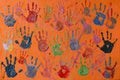 Colorful Handprints Art, Orange Canvas, Child\'s Creativity Royalty Free Stock Photo