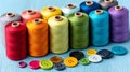 Colorful thread spools and buttons for sewing and crafts Royalty Free Stock Photo