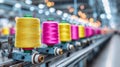Vibrant thread spools were arranged in a row within a textile factory environment illuminated by warm lights Royalty Free Stock Photo