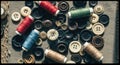 Vibrant threads and assorted buttons create a charming backdrop for your next crafting project or design inspiration Royalty Free Stock Photo