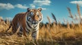 Vibrant Tiger Portrait In Tall Grass On Sunny Day