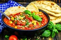 Vibrant tomato and corn couscous dish with fresh basil and naan bread Royalty Free Stock Photo