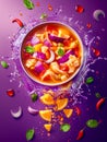 Vibrant Tomato Soup Splash with Fresh Vegetables and Herbs Against Purple Background Dynamic Food Photography Royalty Free Stock Photo