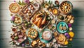 A vibrant top-down view of an Italian Easter feast, featuring lamb, artichokes, pastiera, torta pasqualina, and festive