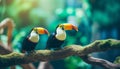 Vibrant toucan birds on branch in rainforest with blurred green vegetation background