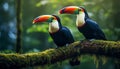 Vibrant toucan birds perched on branch in lush forest with blurred defocused background