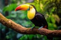 A vibrant toucan with a colorful beak rests on a branch in the lush forest, Tropical birds sitting on a tree branch in the