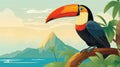 Vibrant Toucan Illustration With Mountain Background