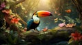Vibrant toucan perched on a branch with floral background