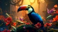 Vibrant toucan with myriad jungle flora in the backdrop