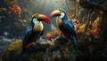 Vibrant toucan perching on branch in tropical rainforest generated by AI