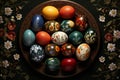 Vibrant traditional eggs arrayed decoratively in artistic bowl setting. Generative AI Royalty Free Stock Photo