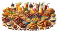 Vibrant traditional Ramadan feast with diverse dishes. Assorted Traditional Ramadan Feast Foods with Decorative Lanterns and
