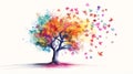 Vibrant tree with colorful leaves dispersing on white