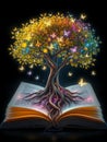 A vibrant tree emerges from an open book, surrounded by glowing butterflies, symbolizing growth and learning. Royalty Free Stock Photo