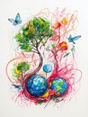 Vibrant Tree of Life with Butterflies and Earth Roots