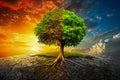 Vibrant Tree of Life on the Cusp of Lush Greenery and Barren Desert at Sunrise and Sunset Conceptual Landscape