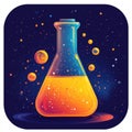 A vibrant triangular science beaker filled with glowing orange liquid, surrounded by colorful bubbles against starry background, Royalty Free Stock Photo