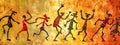 A vibrant tribal dance scene with silhouetted figures on a fiery orange textured background, evoking ancient cave art