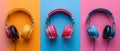 Vibrant Trio of Headphones on Split Color Background. Concept Product Photography, Technology Royalty Free Stock Photo