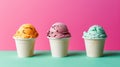 Vibrant Trio of Ice Cream Cups on Dual-Tone Background