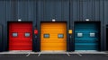 Vibrant Trio of Warehouse Storage Units. Concept Industrial Design, Modern Architecture, Urban