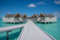 Vibrant tropical beach landscape of the over water bungalows at luxury resort in Maldives