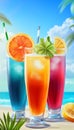 Vibrant tropical drinks with fresh garnishes in a relaxed beach setting for ultimate refreshment Royalty Free Stock Photo