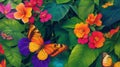 Vibrant tropical flowers in a rainforest, with butterflies adding pops of color