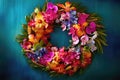 Vibrant Tropical Flowers Woven Into Tropical Paradise Wreath. Generative AI